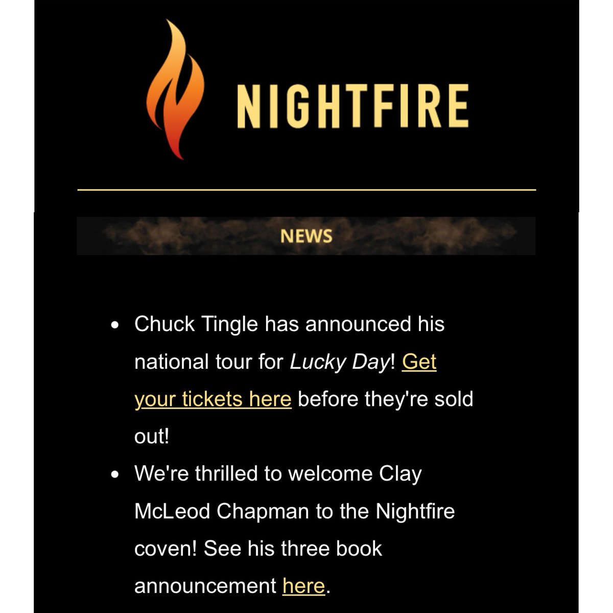 Clay McLeod Chapman (@claymcleod) on Twitter photo Look who made it into the Nightfire newsletter. “Double, double toil and trouble; Fire burn, and cauldron bubble…” <a href="/TorNightfire/">Nightfire Books</a> Look who made it into the Nightfire newsletter. “Double, double toil and trouble; Fire burn, and cauldron bubble…” <a href="/TorNightfire/">Nightfire Books</a>