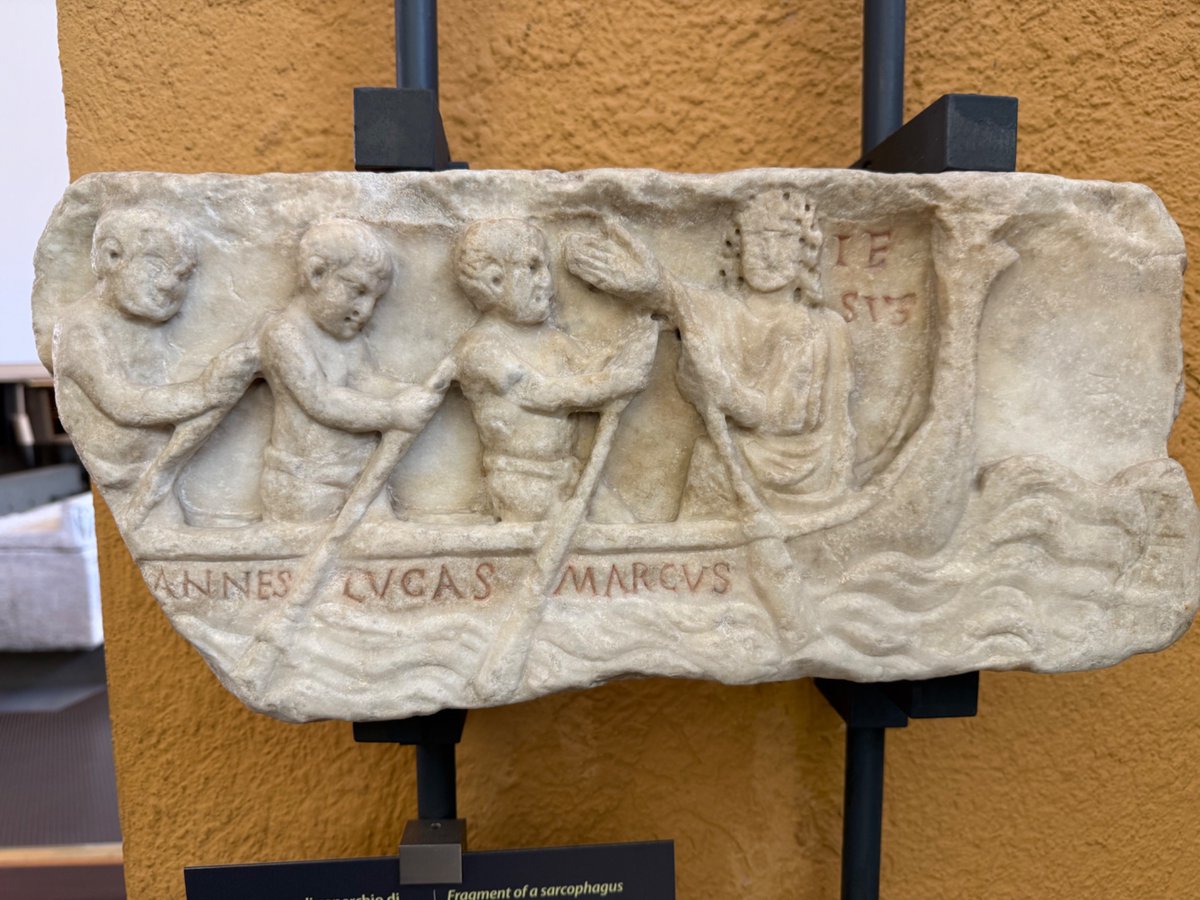 mattrcrawford's tweet image. Spotted today at the Vatican Museums. An unusual depiction of the evangelists as oarsmen in a boat with Christ at the helm. Matthew is missing but we have John, Luke, and Mark, the so-called ‘Western’ order of the gospels.