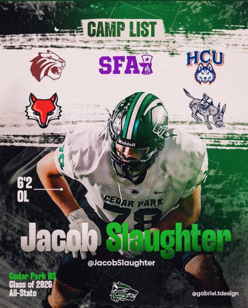 Jacob Slaughter (@jacobslaughter_) on Twitter photo Here’s my camp list for this summer, ready to compete and get better!
🗓️ 6/1 Marist University
🗓️ 6/2 Trinity
🗓️ 6/9 SFA
🗓️ 6/10 HCU
🗓️ 7/22 Colorado School of Mines
<a href="/RecruitsCenTex/">Coach Jimmy Andrews</a> <a href="/AllenMarrow/">Allen Marrow</a> <a href="/_CoachSanchez/">Coach Steven Sanchez III</a> <a href="/CoachPedraza60/">Gilbert Pedraza III</a> <a href="/CoachQCPProud/">Coach Q</a> <a href="/Cedar_ParkFB/">Cedar Park Football 2025</a> <a href="/_CoachPerez/">Coach Perez</a> Here’s my camp list for this summer, ready to compete and get better!
🗓️ 6/1 Marist University
🗓️ 6/2 Trinity
🗓️ 6/9 SFA
🗓️ 6/10 HCU
🗓️ 7/22 Colorado School of Mines
<a href="/RecruitsCenTex/">Coach Jimmy Andrews</a> <a href="/AllenMarrow/">Allen Marrow</a> <a href="/_CoachSanchez/">Coach Steven Sanchez III</a> <a href="/CoachPedraza60/">Gilbert Pedraza III</a> <a href="/CoachQCPProud/">Coach Q</a> <a href="/Cedar_ParkFB/">Cedar Park Football 2025</a> <a href="/_CoachPerez/">Coach Perez</a>