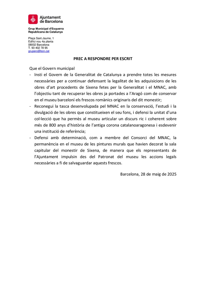 Elisenda Alamany (@elisendalamany) on Twitter photo Demanem al <a href="/bcn_ajuntament/">Ajuntament de Barcelona</a> que actuï i s’oposi al trasllat de les obres de Sixena.
❌ La retirada d'aquests frescos medievals és un atac al patrimoni català i implicaria causar-los danys irreparables. Demanem al <a href="/bcn_ajuntament/">Ajuntament de Barcelona</a> que actuï i s’oposi al trasllat de les obres de Sixena.
❌ La retirada d'aquests frescos medievals és un atac al patrimoni català i implicaria causar-los danys irreparables.