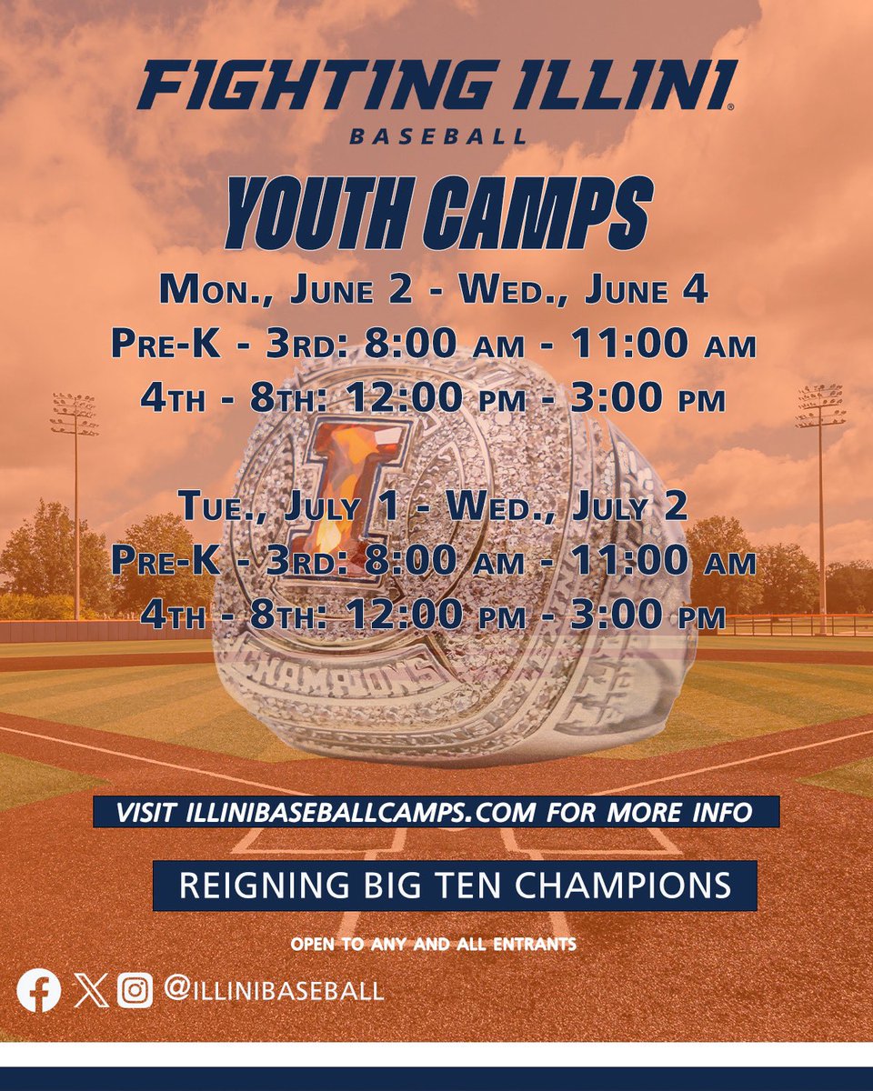 illinibasecamps's tweet image. Only 4 more days to sign up for camp.
Registration ends Sunday June 1st at noon.
To sign up or see more information: visit illinibaseballcamps.com