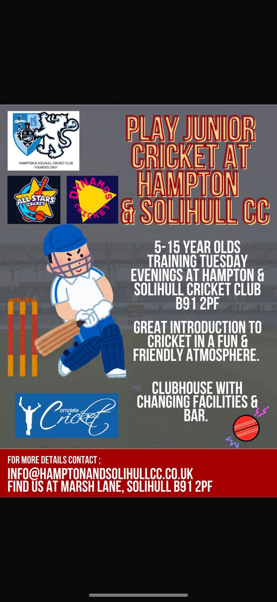 Anyone in the Solihull area looking to get their kids into junior #cricket then this is the perfect club:

#ecb #warwickshire #solihull
<a href="/ECB_cricket/">England and Wales Cricket Board</a> <a href="/WarwickshireCCC/">Bears 🏏</a>