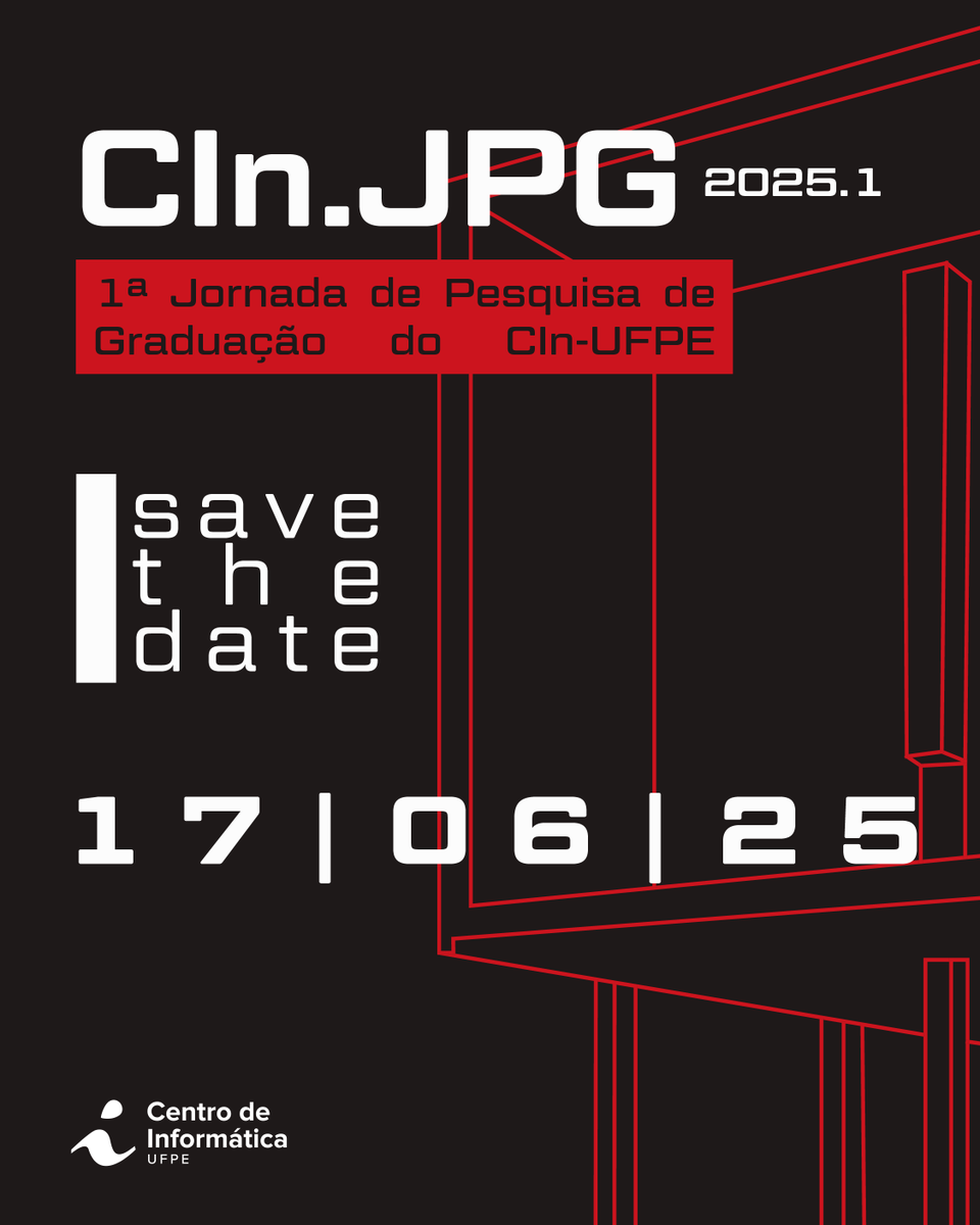 📢 Vem aí a 1ª Jornada de Pesquisa de Graduação do CIn — CIn.JPG! 
No dia 17 de junho, o evento destaca a produção científica de estudantes de graduação e promove a troca de experiências com a comunidade acadêmica. 

Saiba como ser estudante expositor portal.cin.ufpe.br/2025/05/28/cin…