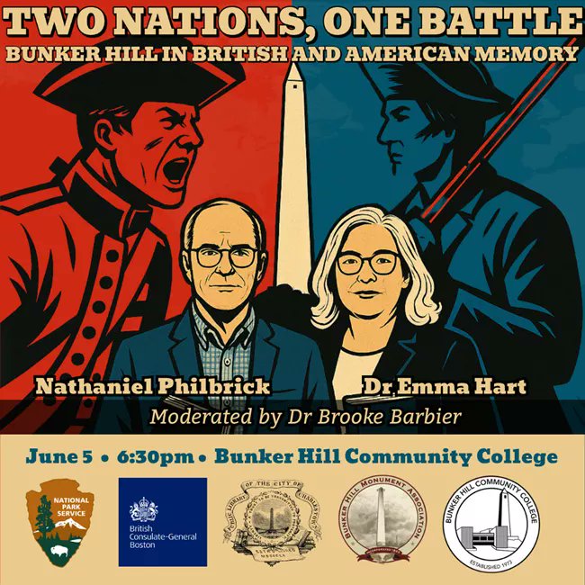 UKinBoston's tweet photo. Join us on Thursday, 5 June for a conversation between historians Nathaniel Philbrick 🇺🇸 and Emma Hart 🇬🇧 as they examine the enduring legacy of the Battle of Bunker Hill, one of the most pivotal early battles of the American Revolution.  

🎫 : https://t.co/1iloNtLmlr https://t.co/yqBSacvRrg