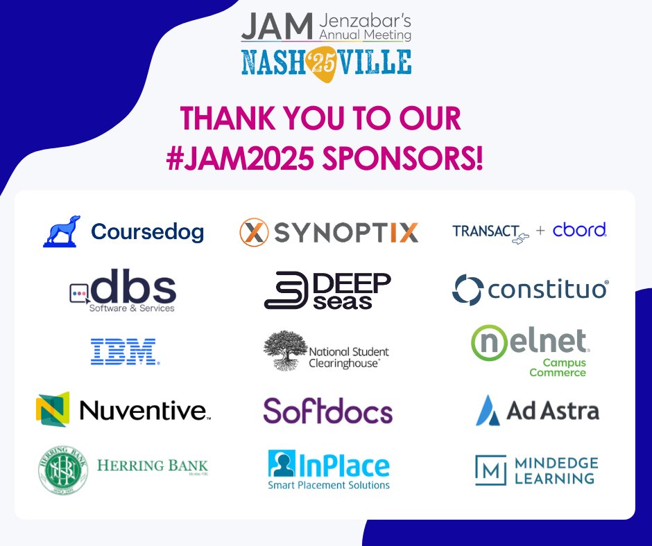 jenzabar (@jenzabar) on Twitter photo Stop by the JAM HUB today after 3:00 PM through Friday to visit Jenzabar and our partners. #JAM2025 <a href="/CoursedogInc/">Coursedog</a> <a href="/SynoptixReports/">Synoptix Software</a> <a href="/TransactCampus/">Transact</a> <a href="/dbs_software/">dbs Software and Services</a> <a href="/IBM/">IBM</a> <a href="/NSClearinghouse/">National Student Clearinghouse</a> <a href="/Nelnet/">Nelnet</a> <a href="/Softdocs/">Softdocs</a> <a href="/AdAstraIS/">Ad Astra</a> <a href="/herringbank/">Herring Bank</a> <a href="/InPlaceSoftware/">InPlace</a> <a href="/MindEdgeOnline/">MindEdge</a> <a href="/Nuventive_/">Nuventive, LLC.</a> Stop by the JAM HUB today after 3:00 PM through Friday to visit Jenzabar and our partners. #JAM2025 <a href="/CoursedogInc/">Coursedog</a> <a href="/SynoptixReports/">Synoptix Software</a> <a href="/TransactCampus/">Transact</a> <a href="/dbs_software/">dbs Software and Services</a> <a href="/IBM/">IBM</a> <a href="/NSClearinghouse/">National Student Clearinghouse</a> <a href="/Nelnet/">Nelnet</a> <a href="/Softdocs/">Softdocs</a> <a href="/AdAstraIS/">Ad Astra</a> <a href="/herringbank/">Herring Bank</a> <a href="/InPlaceSoftware/">InPlace</a> <a href="/MindEdgeOnline/">MindEdge</a> <a href="/Nuventive_/">Nuventive, LLC.</a>