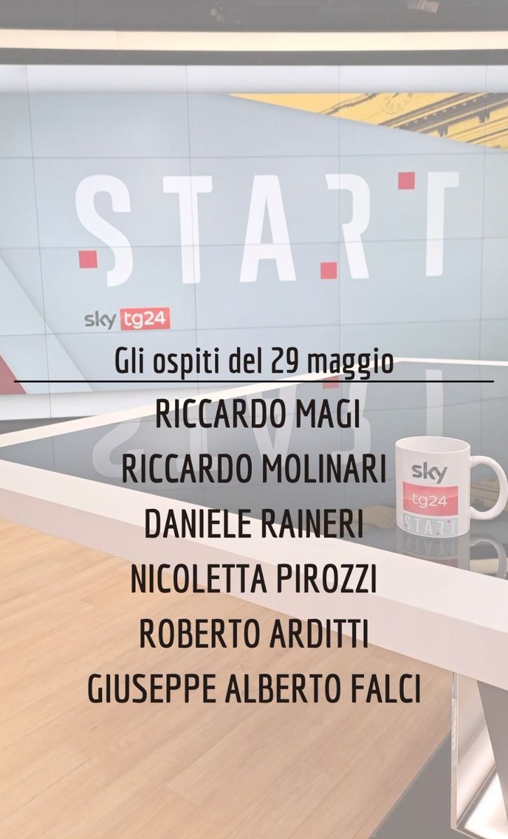 Giovanna Pancheri (@giopank) on Twitter photo Domani a #Start saremo con <a href="/riccardomagi/">Riccardo Magi</a>, <a href="/MolinariRik/">Riccardo Molinari</a>, <a href="/DanieleRaineri/">Daniele Raineri</a>, <a href="/NicolePirozzi/">Nicoletta Pirozzi 🇮🇹🇪🇺🇺🇦</a>,<a href="/roberto_arditti/">Roberto Arditti</a> e <a href="/GiuseppeFalci/">GiuseppeA Falci</a>.
Come sempre in onda dalle 9:30 su <a href="/SkyTG24/">Sky tg24</a>. Vi aspetto! Domani a #Start saremo con <a href="/riccardomagi/">Riccardo Magi</a>, <a href="/MolinariRik/">Riccardo Molinari</a>, <a href="/DanieleRaineri/">Daniele Raineri</a>, <a href="/NicolePirozzi/">Nicoletta Pirozzi 🇮🇹🇪🇺🇺🇦</a>,<a href="/roberto_arditti/">Roberto Arditti</a> e <a href="/GiuseppeFalci/">GiuseppeA Falci</a>.
Come sempre in onda dalle 9:30 su <a href="/SkyTG24/">Sky tg24</a>. Vi aspetto!