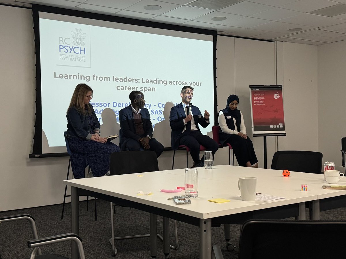 Wonderful leader Prof Derek Tracy in conversation with panellists Dr Ade Ogunwale , Dr Merfet Mohammed and Dr Henrietta Blyth on challenges in leadership at RCPSYCH
