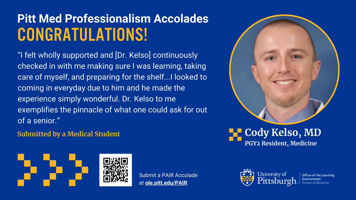 From clinical rounds to emotional support, PGY2 Cody Kelso goes above and beyond for his team, which is why he was awarded a #PittMed Professionalism Accolade! 👏 His teaching, positivity, and care define what it means to lead by example. #MedEd #GIMExcellence