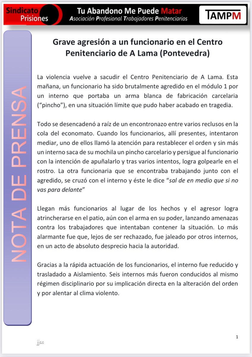 tampm_A_Lama's tweet photo. 🔴🔴 Grave agresión en el CP A Lama 

➡️ Intento de asesinato a un compañero.

➡️ Interno clasificado en segundo grado. 

➡️ Funcionario  con lesiones.

@lavozdegalicia @Farodevigo @Diariodeponte @PontevedraViva @SerPontevedra @TVGalicia https://t.co/PjHwmv5G76
