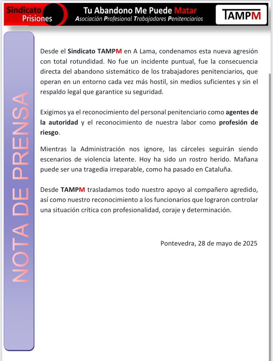 🔴🔴 Grave agresión en el CP A Lama 

➡️ Intento de asesinato a un compañero.

➡️ Interno clasificado en segundo grado. 

➡️ Funcionario  con lesiones.

<a href="/lavozdegalicia/">La Voz de Galicia</a> <a href="/Farodevigo/">Faro de Vigo</a> <a href="/Diariodeponte/">Diario de Pontevedra</a> <a href="/PontevedraViva/">PontevedraViva.com</a> <a href="/SerPontevedra/">Radio Pontevedra</a> <a href="/TVGalicia/">TVG</a>