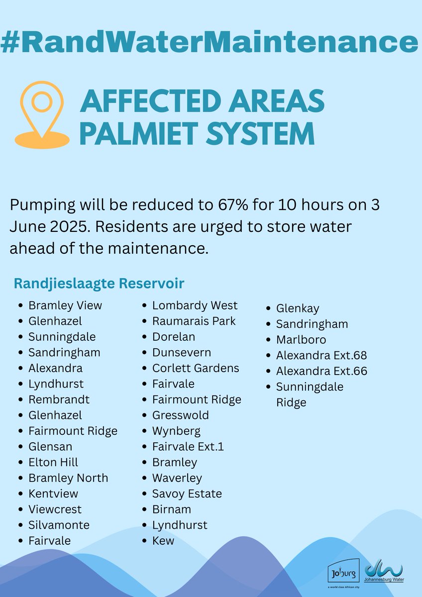 JHBWater's tweet photo. 🚧 @Rand_Water  Maintenance – 3 June 2025🚧

Palmiet system maintenance will impact Johannesburg Water’s #AlexanderPark, #Linksfield, #SouthHills tower &amp; #Randjieslaagte reservoirs. Pumping cut to 67% for 10 hours.

Store water in advance. #WeServeJoburg https://t.co/tMPDvjnekv