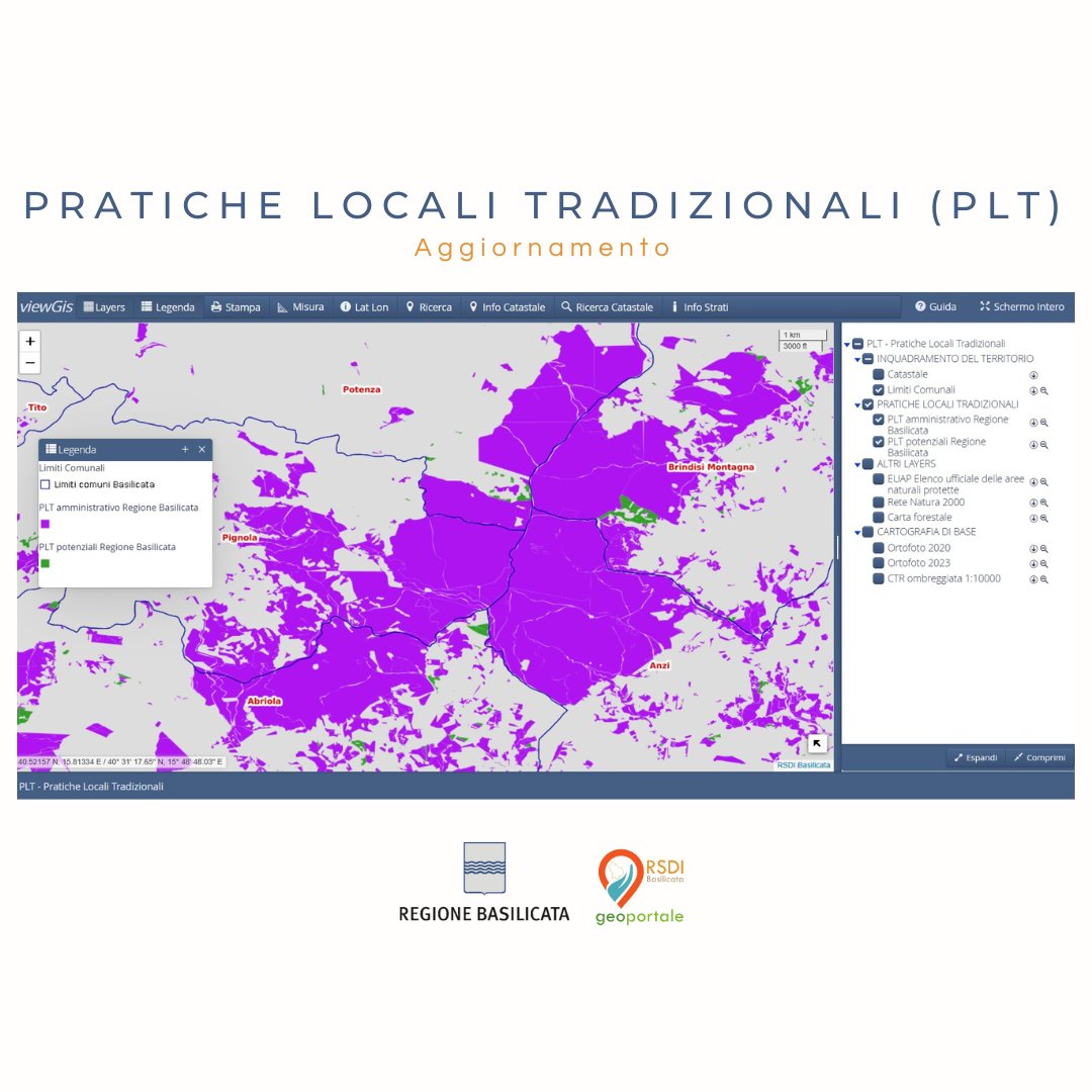 La Regione Basilicata, con Determina n. 14BD.2025/D.00509 del 22 maggio 2025, ha aggiornato i layer 𝐀𝐦𝐦𝐢𝐧𝐢𝐬𝐭𝐫𝐚𝐭𝐢𝐯𝐨 e 𝐏𝐨𝐭𝐞𝐧𝐳𝐢𝐚𝐥𝐞 relativi alle Pratiche Locali Tradizionali (PLT), validi per la programmazione 𝟐𝟎𝟐𝟑-𝟐𝟎𝟐𝟕.
🔗rsdi.regione.basilicata.it/2025/05/28/plt…