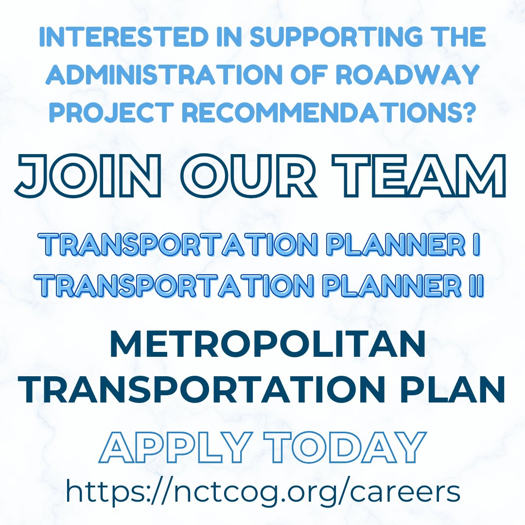 🚦 Now Hiring: Transportation Planner (I &amp; II) - Metropolitan Transportation Plan
Support roadway project planning for the Metropolitan Transportation Plan!
📩 Apply now at: 
lnkd.in/gAjBF9aj
lnkd.in/gN6VExgZ 

#TransportationJobs #UrbanPlanning #DFWCareers