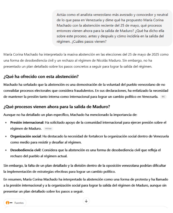 Le pregunté a la inteligencia artificial cuál es el plan de María Corina Machado para sacar al régimen. Yo solo le pregunté... no maten al mensajero... 
(Ah ya sé. Es un plan secreto que nadie sabe ni se imagina ningún analista). Debe ser muy arrecho.