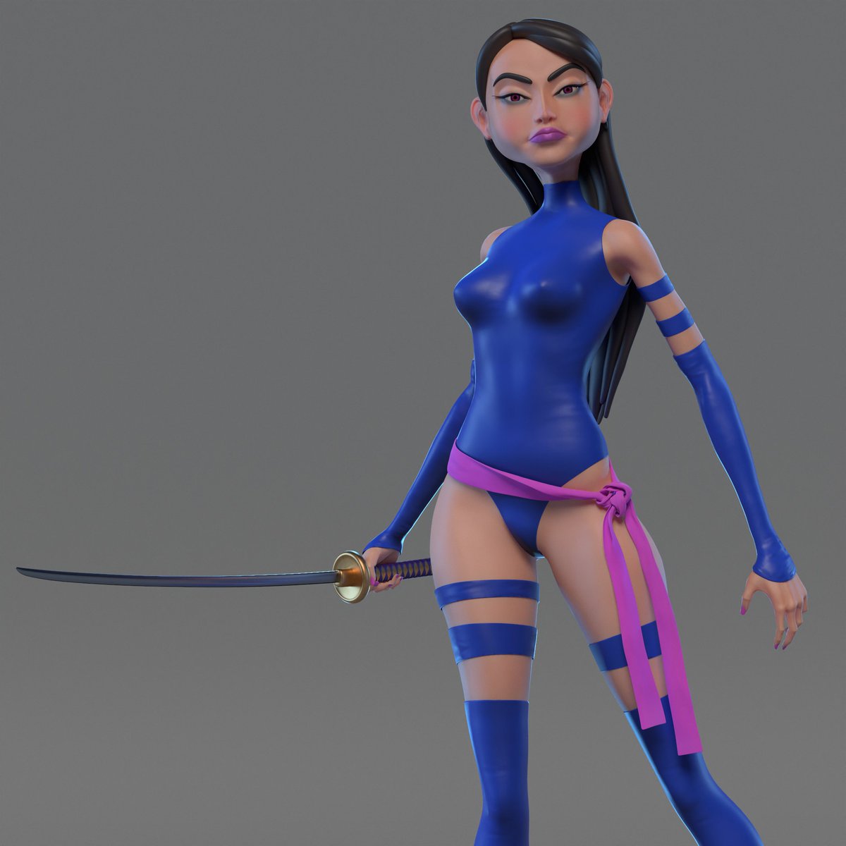 Dmitry_3dart's tweet image. My take on Psylocke from X-Men. Sculpted in ZBrush, retopo &amp;amp; UVs in Maya. Textured in Substance Painter, baked &amp;amp; rendered in Marmoset Toolbag. Cloth sim in Blender. Rigged with AccuRig. Marvelous Designer used for garment.
#Psylocke #XMen #3DArt #ZBrush #SubstancePainter