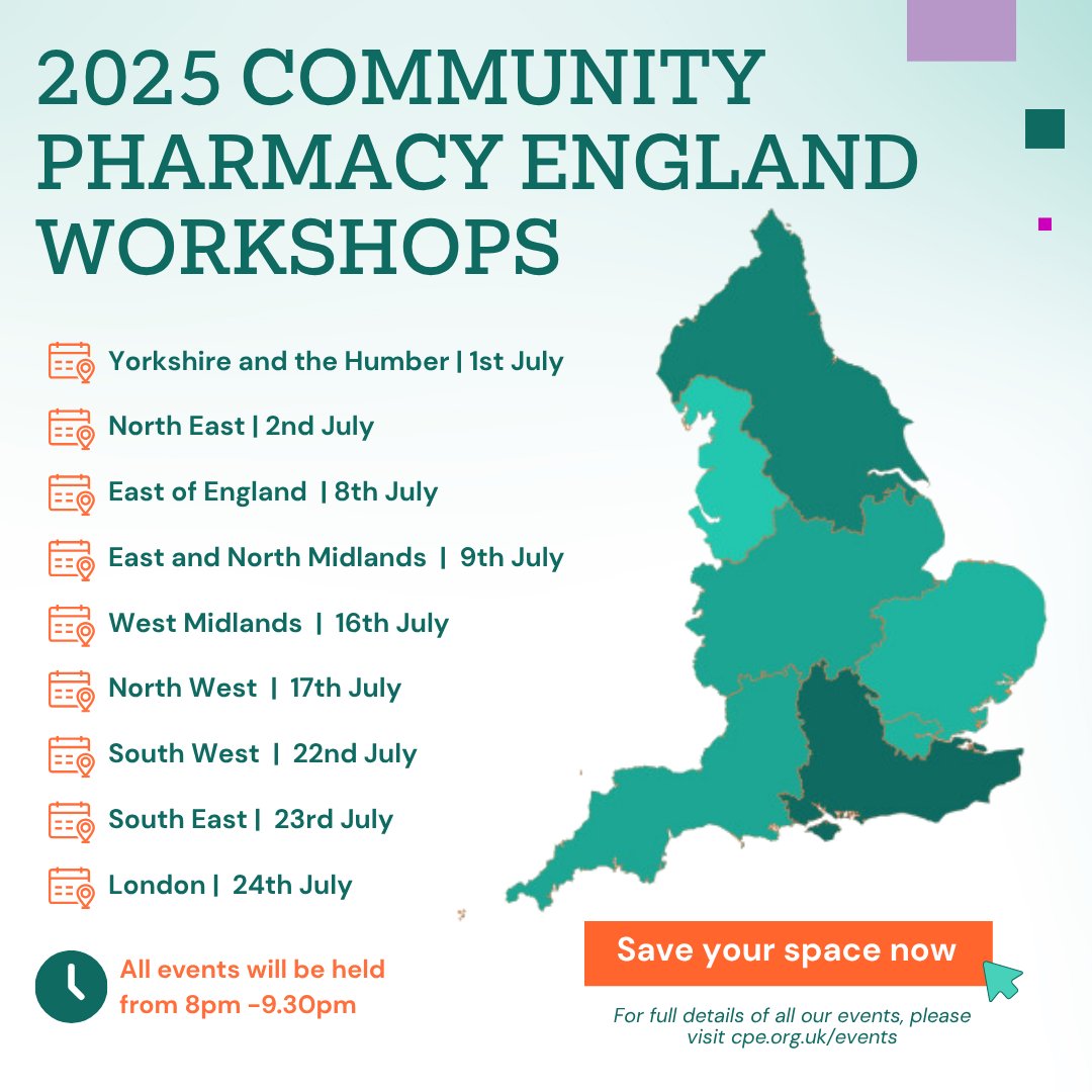 📢Community Pharmacy England is inviting all pharmacy owners and their representatives to attend regional 'Future of Pharmacy' workshops this July🗓️

These workshops will help inform Community Pharmacy England's priorities for the 2026/27 CPCF negotiations and provide an