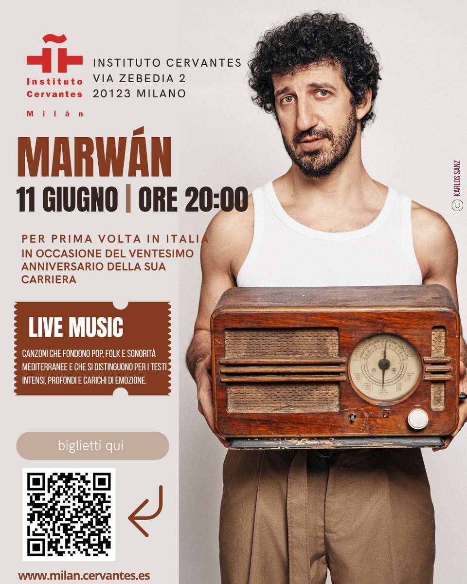 Per la prima volta in Italia, <a href="/Marwanmusica/">Marwán</a>  arriva a Milano per celebrare il 20º anniversario della sua carriera con un concerto intimo e speciale. Un viaggio musicale tra pop, folk e sonorità mediterranee, con testi che toccano il cuore. 
Prenota il tuo posto 👇 Ti aspettiamo!