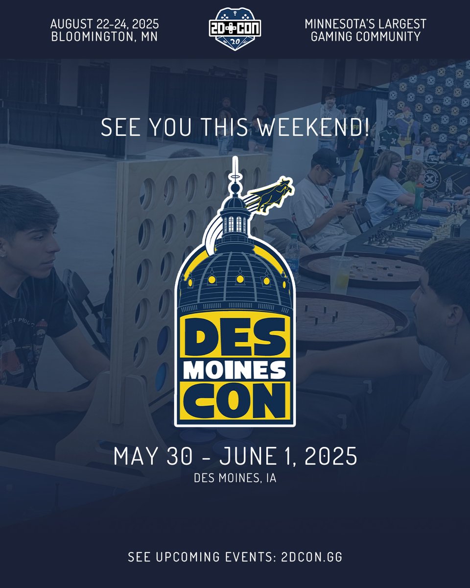 2D Con (@2dconvention) on Twitter photo Join us at <a href="/DesMoinesCon/">Des Moines Con</a> this weekend! We'll be there during show hours with tabletop and video game tournaments!
View the gaming schedule at desmoinescon.com/schedule Join us at <a href="/DesMoinesCon/">Des Moines Con</a> this weekend! We'll be there during show hours with tabletop and video game tournaments!
View the gaming schedule at desmoinescon.com/schedule