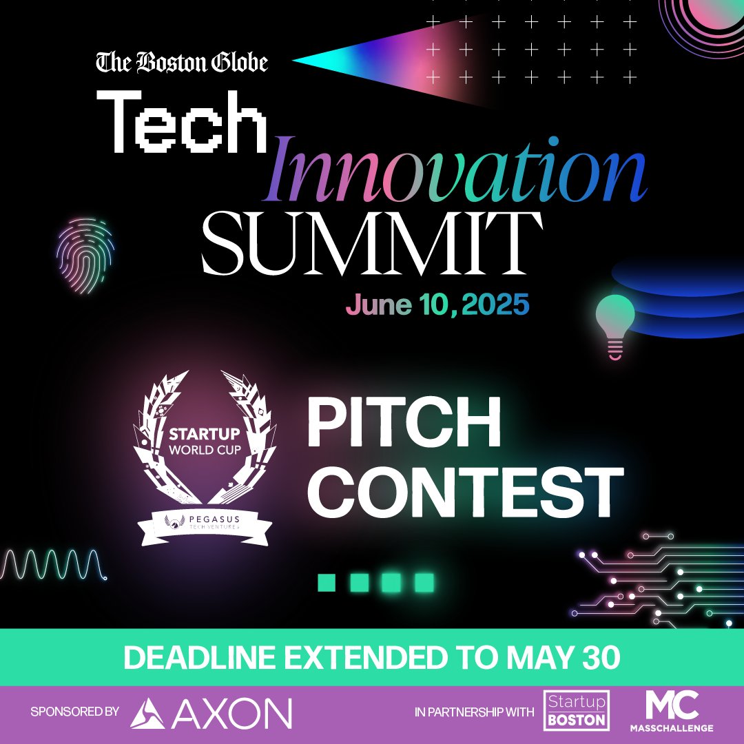 globeevents's tweet photo. The deadline to enter The Boston Globe's #TechInnovationSummit Pitch Contest sponsored by Axon has been extended!

Boston’s brightest  start-ups will pitch live on June 10 for a chance to qualify for the Startup World Cup Grand Finale.

Register here: https://t.co/vf3skfJ68e https://t.co/mlcLNYXeSs