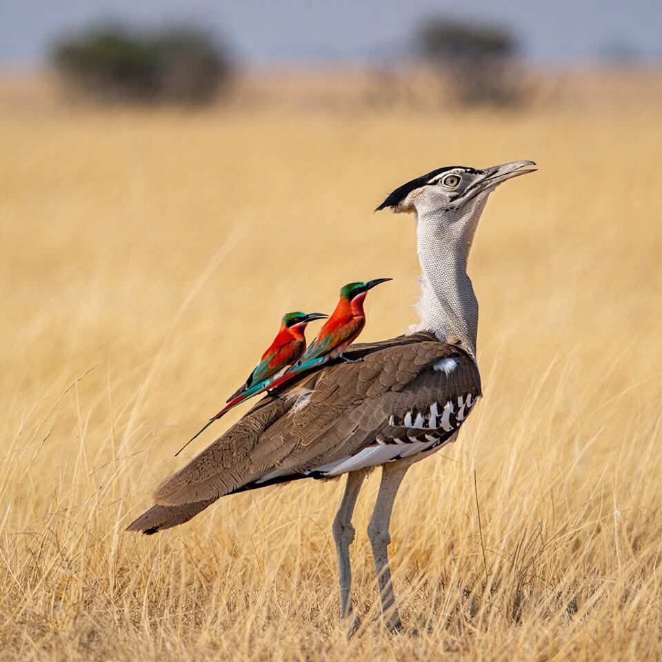 AKnowledgeRealm's tweet photo. Carmine Bee-eaters on an Arabian Bustard: The Unexpected Ride Across the Savannah https://t.co/zdJJwLtxV9