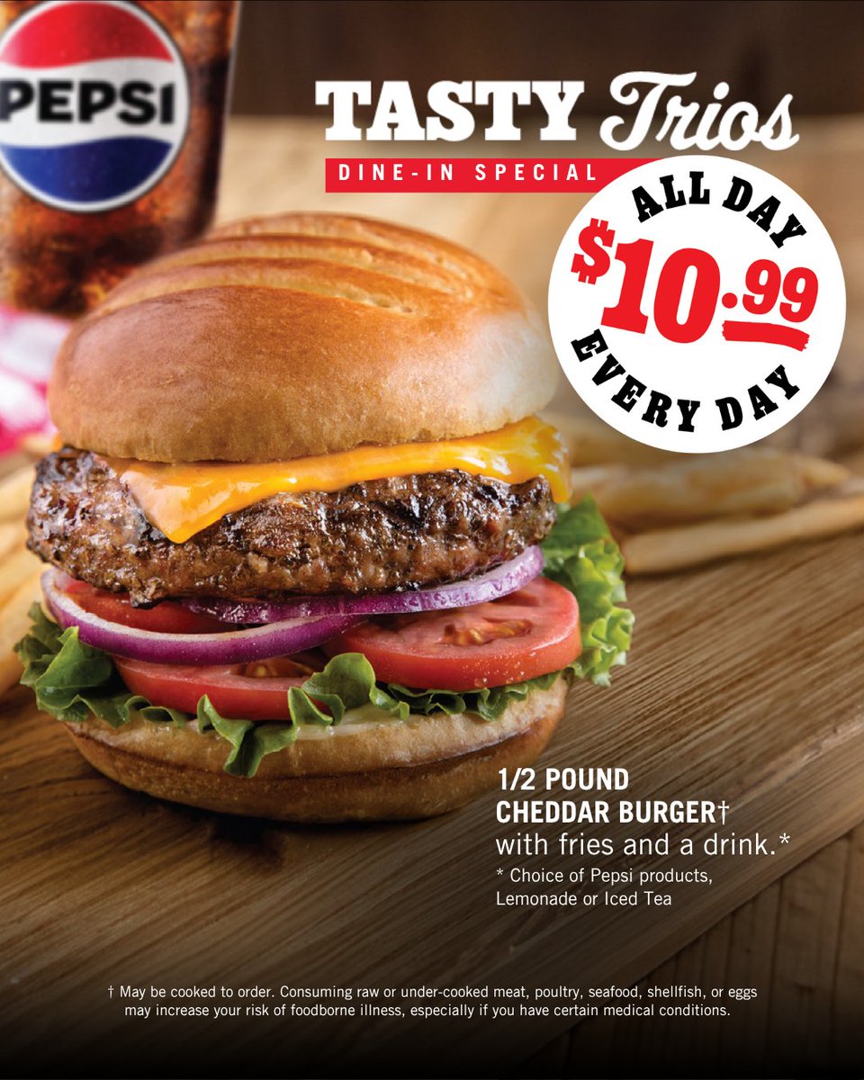 What better way to celebrate National Burger Day than with a 1/2 pound of deliciousness? Our Cheddar Burger is the star of our Tasty Trio, complete with fries and a drink, all for just $10.99 at UNO!

Available for dine-in at participating restaurants.