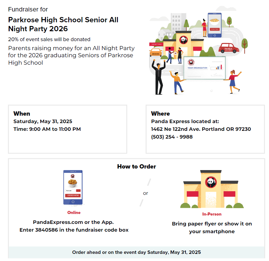 Support the Class of 2026 Senior All-Night Party at Panda Express – This Saturday! psqr.io/wkKbuQlDZU via <a href="/ParentSquare/">ParentSquare</a>