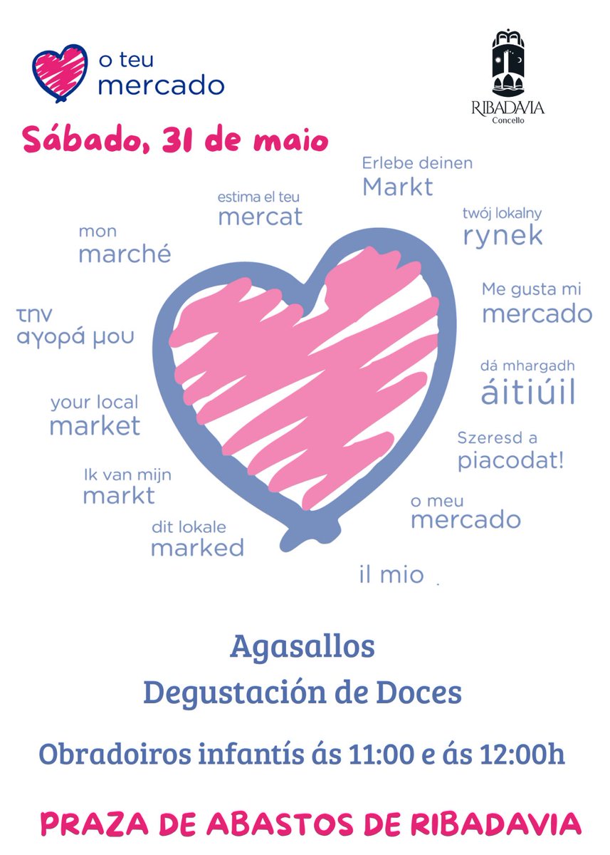 Este sábado, a campaña “Quere o teu mercado” chega Ribadavia da man da Xunta de Galicia
🗓️ Sábado
🕤 De 9:30h a 13:30h
👉Obradoiros infantís ás 11h e ás 12h. Tamén haberá agasallos, degustación de doces...
📍 Praza de Abastos de Ribadavia

#MercadosConEncanto #RibadaviaCheadeVida