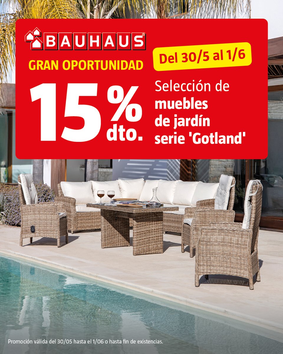 🌞 Prepárate para el verano con esta GRAN OPORTUNIDAD 🔴
Del 30 de mayo al 1 de junio, aprovecha un 15 % de descuento en los muebles de jardín de la serie Gotland.
Diseño, confort y estilo para disfrutar del aire libre como nunca.
#GranOportunidadBAUHAUS #JardínBAUHAUS