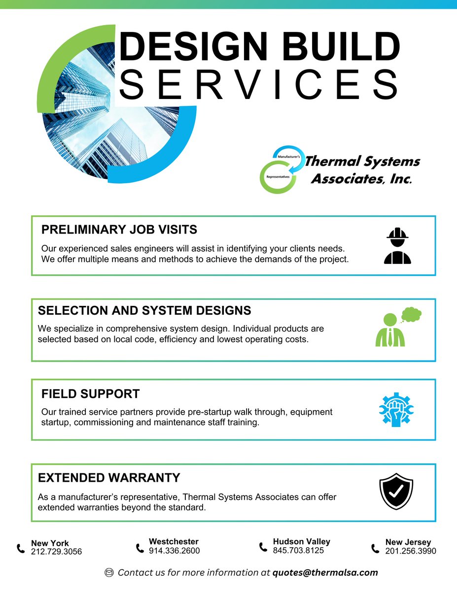 Thermal Systems Associates, Inc (@thermalsainc) on Twitter photo Our team is excited to announce our new design build services! We offer preliminary job visits, selection and system designs, field support, and extended warranty. Please contact your preferred Thermal Systems Associates salesperson or quotes@thermalsa.com for more information! Our team is excited to announce our new design build services! We offer preliminary job visits, selection and system designs, field support, and extended warranty. Please contact your preferred Thermal Systems Associates salesperson or quotes@thermalsa.com for more information!