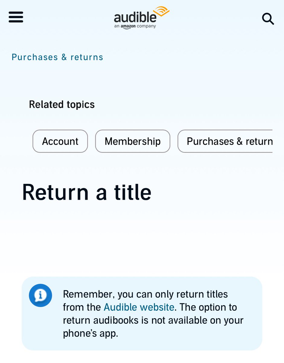 Matt Fangman (@fangmarks) on Twitter photo Hi <a href="/audiblesupport/">Audible Support</a> - This is representative of a #darkpattern. If I can make a purchase from the app, I should be able to return a purchase from the app. (Especially one I did not make or somehow randomly happened while listening to a book) Hi <a href="/audiblesupport/">Audible Support</a> - This is representative of a #darkpattern. If I can make a purchase from the app, I should be able to return a purchase from the app. (Especially one I did not make or somehow randomly happened while listening to a book)