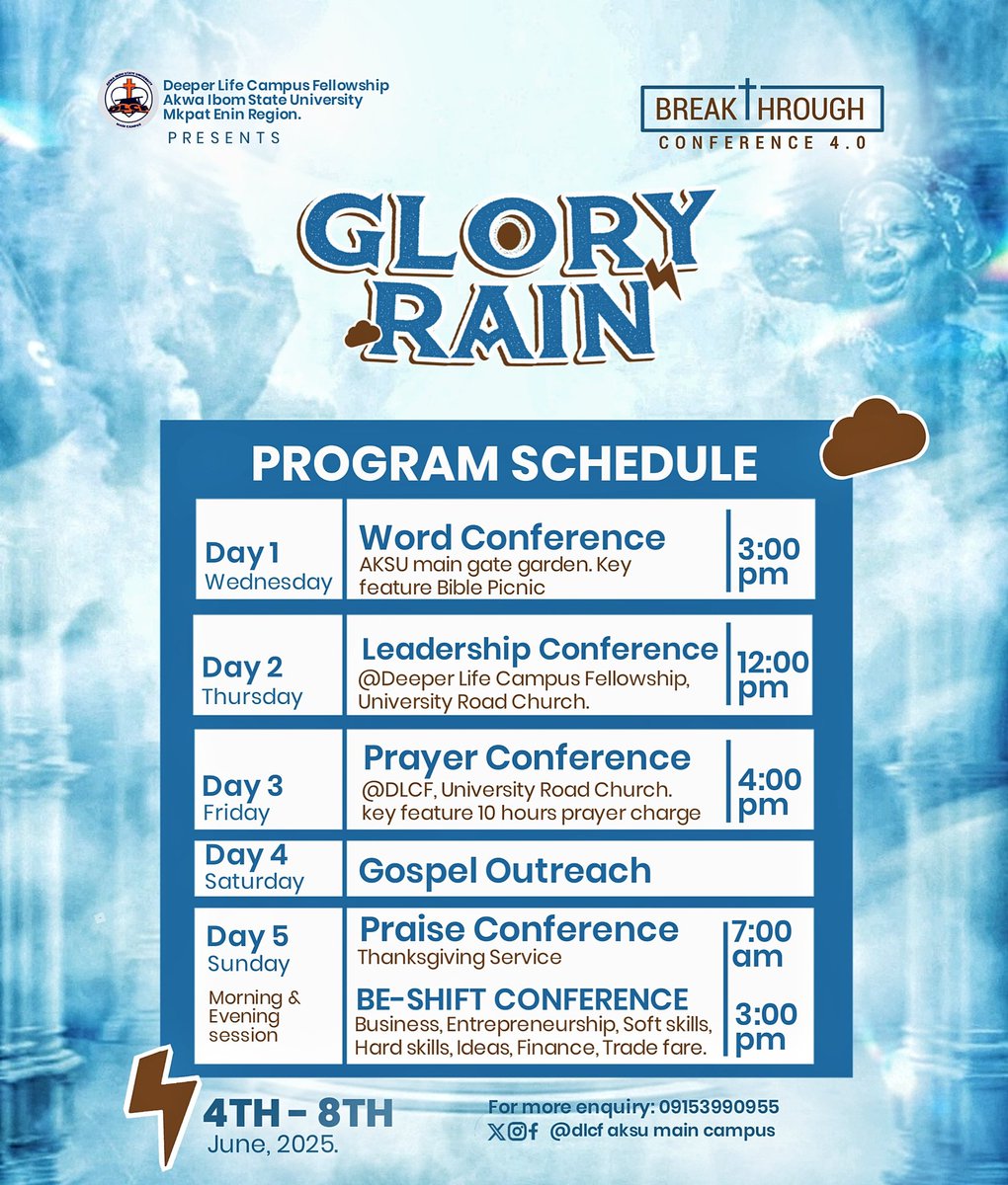 DLCF_AKSU's tweet photo. BREAKTHROUGH CONFERENCE 4.0 IS HERE💃💃
HEAVEN IS OPENING OVER CAMPUS

GLORY RAIN is here, a divine outpouring like never before!!!

Just to announce that the MAKE JESUS TREND team has agreed to partner with DLCF AKSU on a gospel outreach and mini-crusade

#dlcf
#makejesustrend https://t.co/6U3CJcNJqT