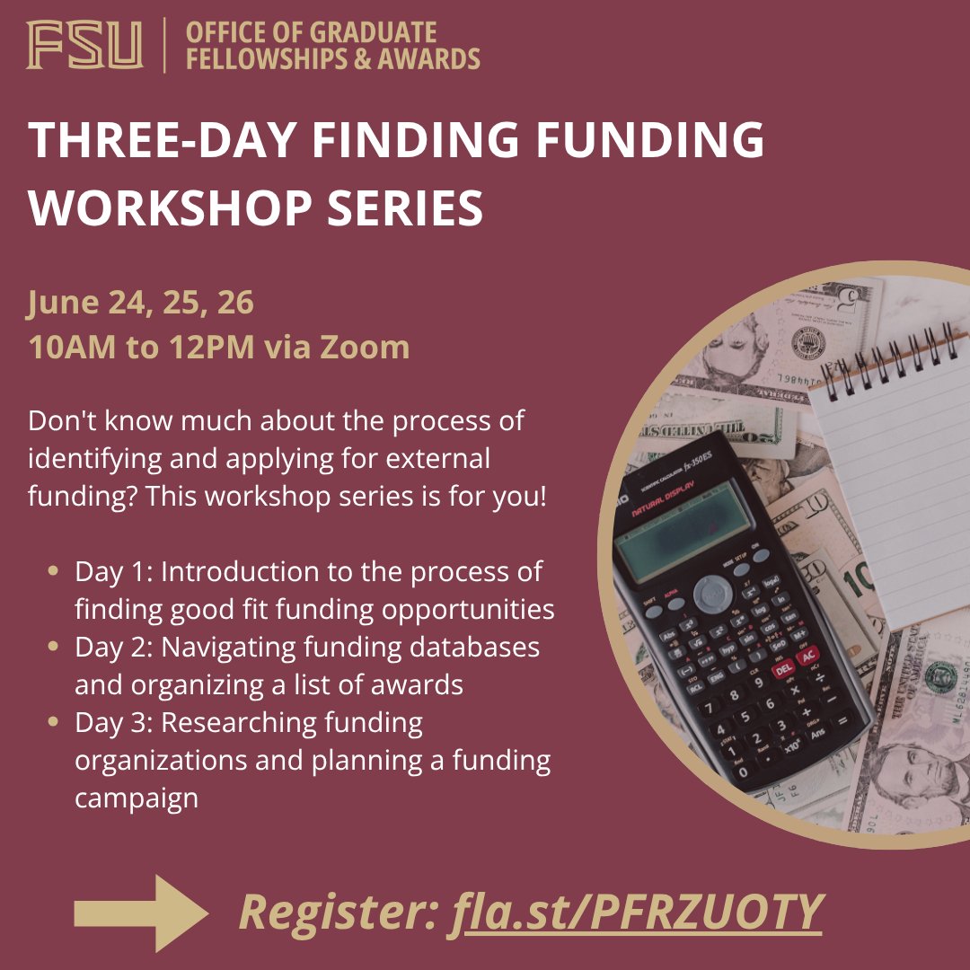 ogfafsu's tweet photo. Want to learn how to find external fellowships and awards as a graduate student? Join us via Zoom for the annual OGFA Three-Day Finding Funding Workshop this June! Register: https://t.co/oej0UrbHCn https://t.co/0Bzp39Nj3c