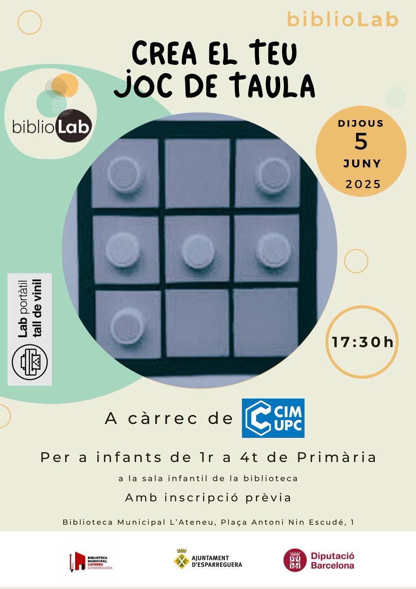 BibEsparreguera's tweet image. Dijous vinent no us perdeu el darrer Lab de vinil per a infants! 🙌 Personalitzarem un joc de taula amb adhesius que crearem amb la impressora de tall de vinil. Activitat per a infants de 1r a 4t de Primària. Inscripcions obertes!
#Esparreguera #bibliotequesxbm #BiblioLabXBM