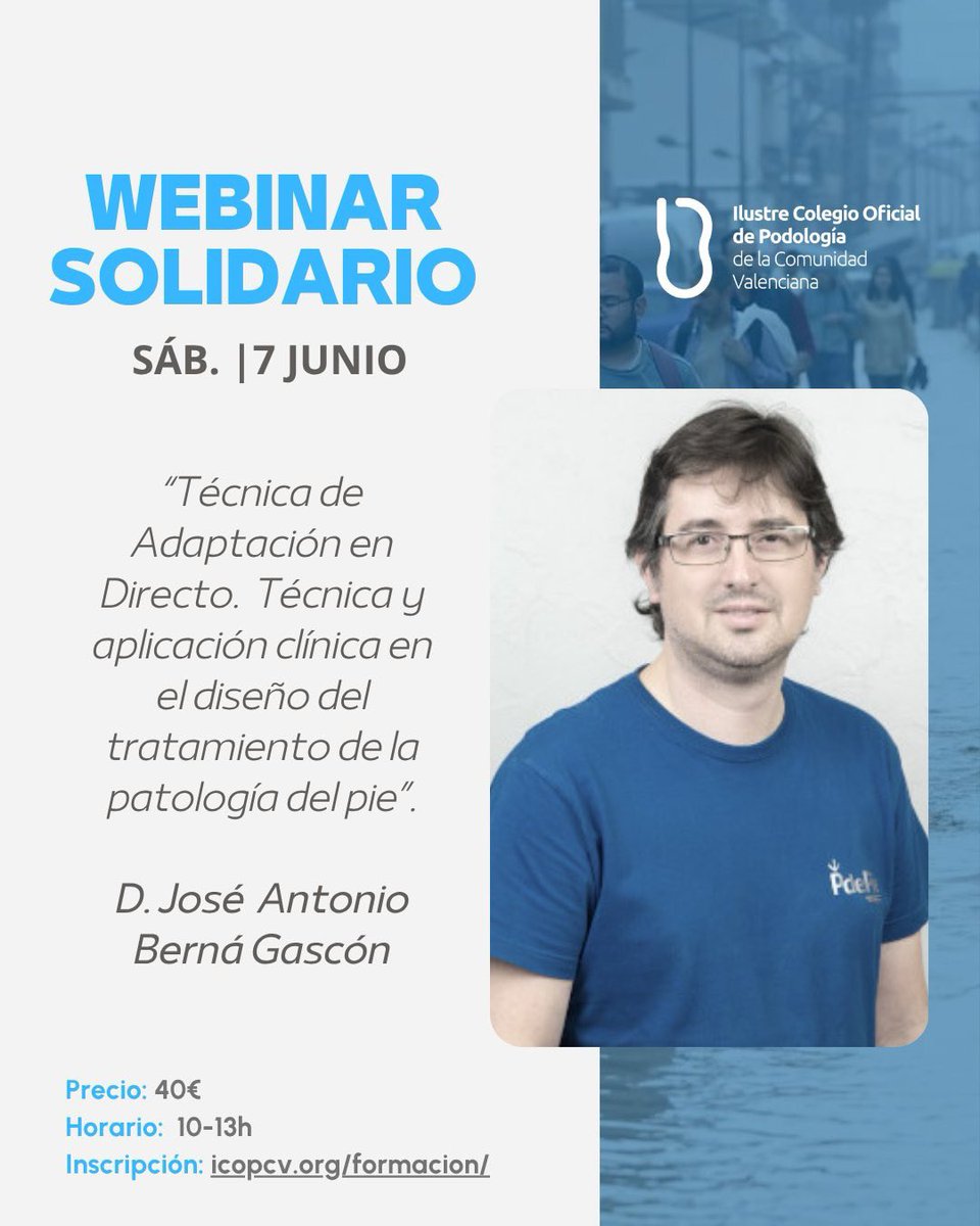 WEBINAR SOLIDARIO 💙 7 junio | D. José Antonio Berná

"Técnicas de Adaptación en Directo. Técnica y aplicación clínica en el diseño del tratamiento de la patología del pie."

Inscripción 👉 acortar.link/tamuZv

#somterreta