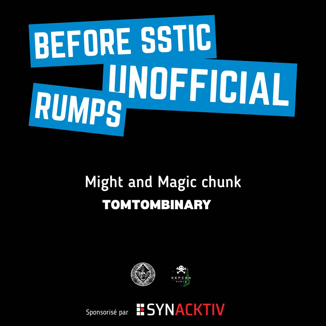 DEFCON Paris (@defconparis) on Twitter photo 🚨 Before SSTIC - Annonce rumps
"Might and Magic chunk"
🎙 - <a href="/tomtombinary/">Tomtombinary</a>
📆 - 03/06 18h30
📍 - Bloom Pop 34 Rue des Munitionnettes, Rennes 🚨 Before SSTIC - Annonce rumps
"Might and Magic chunk"
🎙 - <a href="/tomtombinary/">Tomtombinary</a>
📆 - 03/06 18h30
📍 - Bloom Pop 34 Rue des Munitionnettes, Rennes