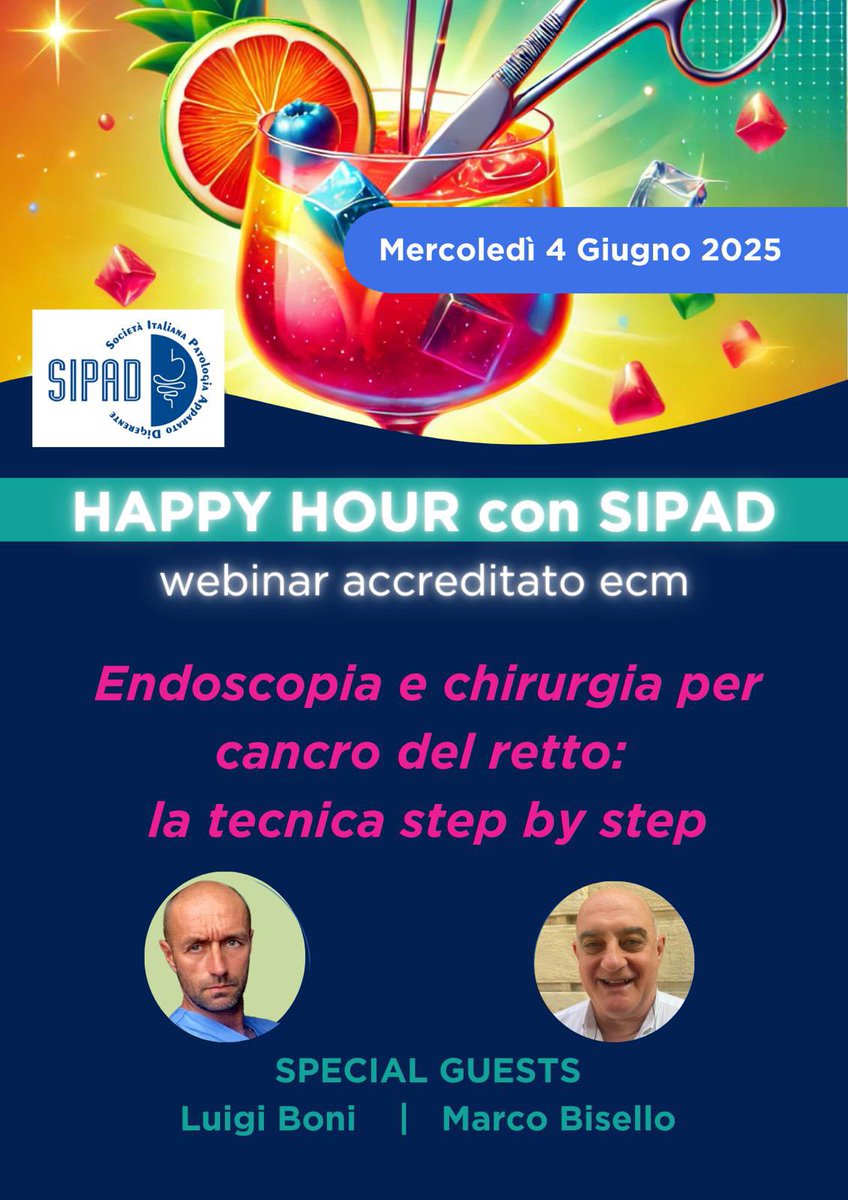 SIPAD_Italia's tweet photo. 🍹 HAPPY HOUR con @SIPAD_Italia 
📅 Mercoledì 4 Giugno 2025
⏰ Unisciti a noi per un appuntamento imperdibile tra formazione e convivialità!
📲 Non mancare, iscriviti ora!
https://t.co/R5pHAXDhHL
#ChirurgiaDelRetto #Endoscopia #ColorectalSurgery #FormazioneMedica @_aleunammanu_ https://t.co/4t0LlW0Lp2