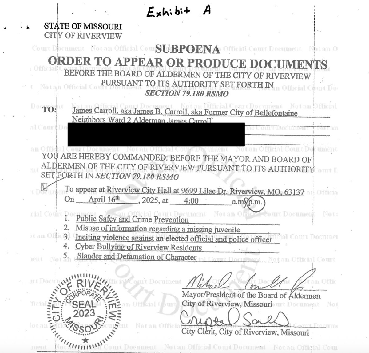 Yikes -- Illinois man posts a joke about the sketchy background of the mayor of Riverview, Missouri. 

So the Mayor *subpoenas* him, ordering him to come down to City Hall to testify about "Cyber Bullying" and "Defamation" of officials.