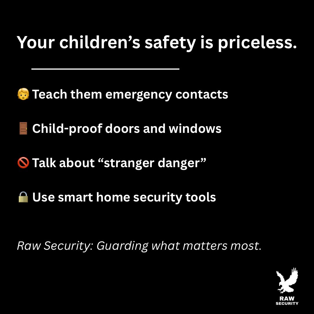 irawsecurity's tweet image. Keep your kids safe with these 5 tips:
1️⃣ Teach emergency info
2️⃣ Child-proof doors/windows
3️⃣ Talk about “stranger danger”
4️⃣ Set online safety rules
5️⃣ Use home security
🦅 Raw Security – Guarding What Matters Most
📞 902-500-4580
#FamilySafety #RawSecurity