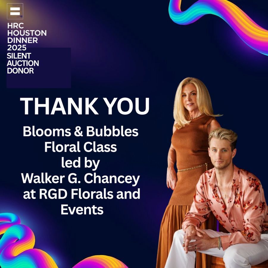 🌸 Thank you, Walker G. Chancey &amp; RGD Florals &amp; Events! 🥂

Bid on Private floral design party. Hands-on instruction, &amp; design —each guest taking home an arrangement. ✨ Up to 8 guests

#HRCHouston #SilentAuction #RGDFlorals #WalkerGChancey #BloomsAndBubbles #FloralDesign #LGBTQ