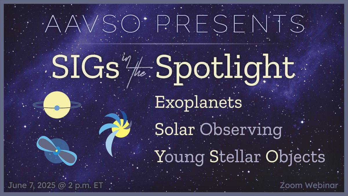 Our Observing Sections are now Special Interest Groups. 

On June 7, learn about three SIGs—Exoplanets, Solar Observing, and Young Stellar Objects—by attending our webinar. 

Enjoy exoplanets or probing protostars? Curious about sunspots? Register below!

2ly.link/27gIT
