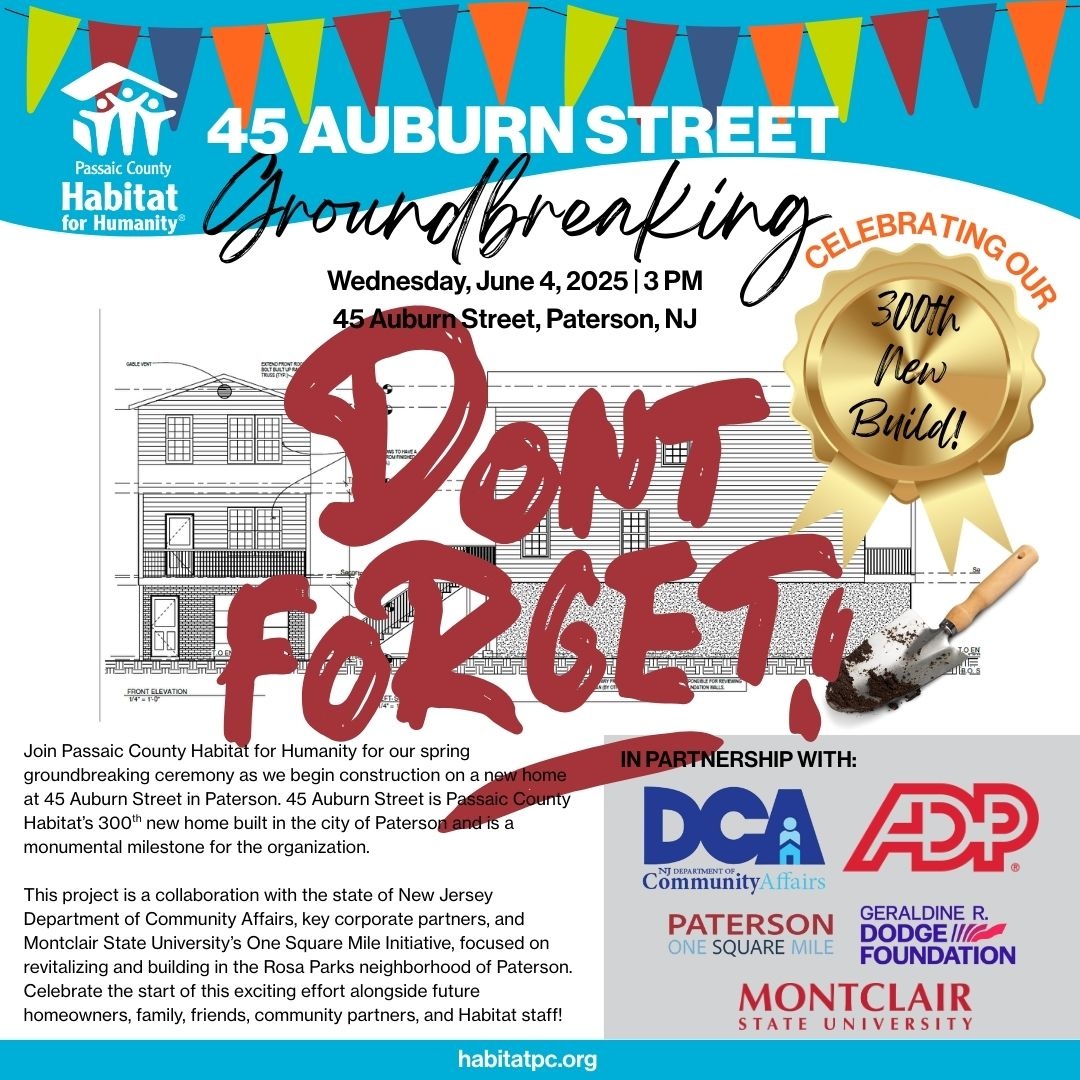 PCHFH's tweet image. Join us Wednesday, June 4th at 3 PM for the groundbreaking of our 300th new build in Paterson at 45 Auburn Street! Help us kick off this exciting new build with our partners, future homeowners, and community supporters.
📍 45 Auburn Street, Paterson
📅 June 4 | 🕒 3:00 PM