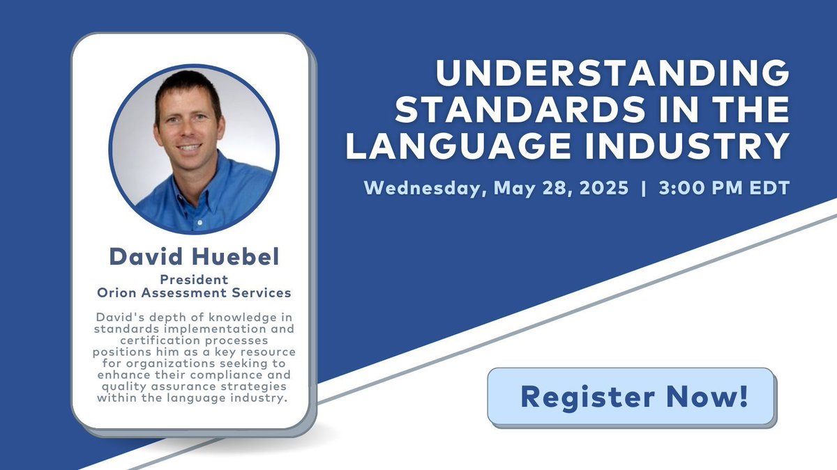 ALC (@alc_us) on Twitter photo REMINDER: Today at 3:00 PM EDT is our webinar "Understanding Standards in the Language Industry." Join the ALC alongside host David Huebel of <a href="/OrionAssessment/">Orion Assessment</a> for a comprehensive overview of the standards commonly used in the #languageindustry. Register: alcus.org/events/EventDe… REMINDER: Today at 3:00 PM EDT is our webinar "Understanding Standards in the Language Industry." Join the ALC alongside host David Huebel of <a href="/OrionAssessment/">Orion Assessment</a> for a comprehensive overview of the standards commonly used in the #languageindustry. Register: alcus.org/events/EventDe…