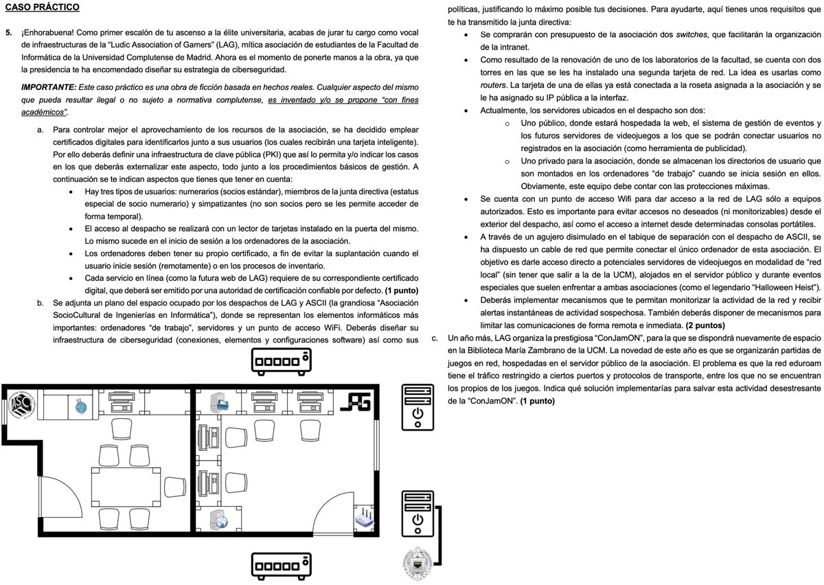 En el examen de #Ciberseguridad en #Videojuegos de este año toca diseñar la infraestructura de dos míticas asociaciones de estudiantes de <a href="/informaticaucm/">Informática UCM</a>.

⚠️Cualquier aspecto propuesto que contravenga la normativa #UCM es inventado y/o planteado "con fines académicos"