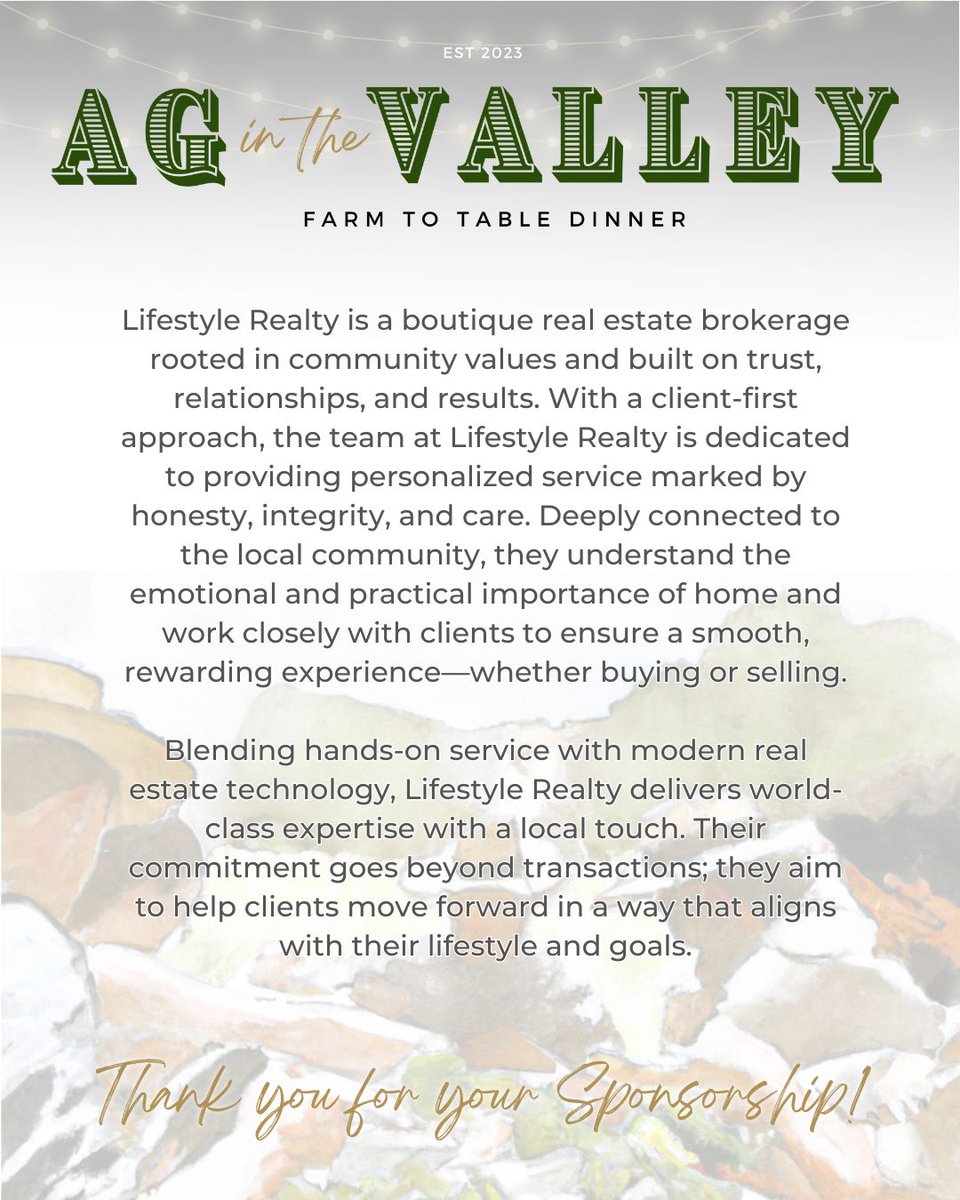 Check out our Blue Ribbon Sponsor, Lifestyle Realty!

Rooted in community values &amp; driven by integrity, they bring personalized real estate service to every client they serve. We’re grateful for their support of Ag in the Valley &amp; their commitment to helping our community thrive!