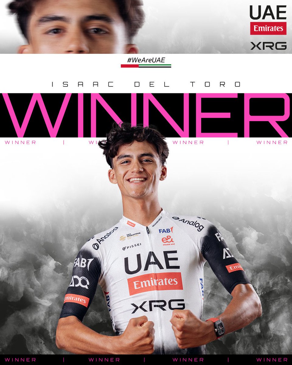 @UAE-TeamEmirates (@teamemiratesuae) on Twitter photo EL TORITO STRIKES BACK! 🐂🫳🏻🎤 #GirodItalia
Maglia Rosa 👚
Stage 17 winner 🥇
21 years of age 🩷
<a href="/ISAACDELTOROx1/">ISAAC DEL TORO ROMERO</a> attacks over the final climb, bridges across to Romain Bardet and dropped the Frenchman and Richard Carapaz before the line 😮💨
That’s GRINTA! 🇮🇹 #WeAreUAE EL TORITO STRIKES BACK! 🐂🫳🏻🎤 #GirodItalia
Maglia Rosa 👚
Stage 17 winner 🥇
21 years of age 🩷
<a href="/ISAACDELTOROx1/">ISAAC DEL TORO ROMERO</a> attacks over the final climb, bridges across to Romain Bardet and dropped the Frenchman and Richard Carapaz before the line 😮💨
That’s GRINTA! 🇮🇹 #WeAreUAE