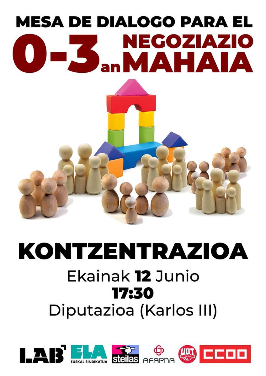 📢 Varios trabajadores se han concentrado para pedir la participación de sindicatos participen en la negociación del ciclo 0-3 con <a href="/educacion_na/">Educación-Hezkuntza</a> y <a href="/FNMC_NUKF/">Federación Navarra de Municipios y Concejos</a>.

✔️ Dentro de la dinámica, se prevé otra protesta el 12 de junio ante el Palacio de Navarra.

🔗 labur.eus/03sh0qfq