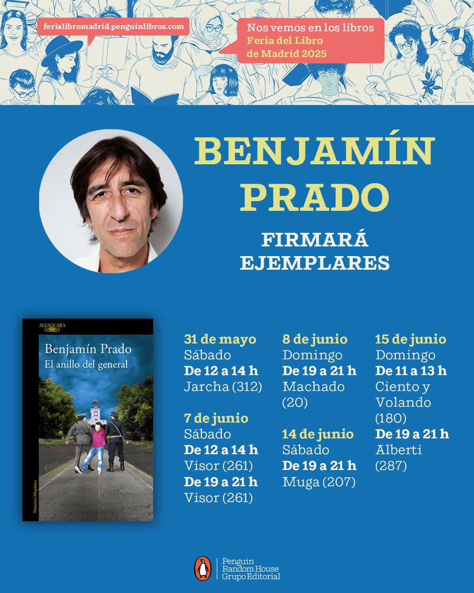 Alfaguara (@alfaguaraes) on Twitter photo <a href="/FLMadrid/">Feria del Libro de Madrid</a> <a href="/penguinlibros/">Penguin España 🐧📚</a> <a href="/JoelDicker/">Joel Dicker</a> <a href="/mugalibros/">Librería Muga</a> <a href="/casadellibro/">Casa del Libro</a> <a href="/elcorteingles/">El Corte Inglés</a> <a href="/LaBuenaVidaLib/">La Buena Vida</a> <a href="/sdiazcortes/">Santiago Díaz</a> <a href="/LibreriaCarmen/">LIBRERÍA CARMEN</a> <a href="/FabulaLibreria/">Librería & Atelier Fábula</a> <a href="/libreriavisor/">Visor Libros</a> <a href="/SusanaMGijon/">Susana Martín Gijón</a> <a href="/letras_vino/">Vino a por letras</a> <a href="/Lib_Mujeres/">Librería Mujeres</a> <a href="/laanonimalib/">La Anónima Librería</a> <a href="/manueljabois/">Manuel Jabois</a> <a href="/Olavidelibros/">Olavide | Bar de Libros</a> <a href="/claudiapineiro/">Claudia Piñeiro 💚 🧡</a> <a href="/retirodeletras/">El Retiro de las Letras</a> <a href="/andresneuman/">Andrés Neuman</a> <a href="/LibreriaAlberti/">Librería Alberti</a> ✍️ Consulta en la gráfica todas las firmas de <a href="/pradobenjamin/">Benjamín Prado 📚</a>.
🗓️ 31 de mayo
⏰12-14h 👉 <a href="/libreriajarcha/">Librería Jarcha</a> (caseta 312) <a href="/FLMadrid/">Feria del Libro de Madrid</a> <a href="/penguinlibros/">Penguin España 🐧📚</a> <a href="/JoelDicker/">Joel Dicker</a> <a href="/mugalibros/">Librería Muga</a> <a href="/casadellibro/">Casa del Libro</a> <a href="/elcorteingles/">El Corte Inglés</a> <a href="/LaBuenaVidaLib/">La Buena Vida</a> <a href="/sdiazcortes/">Santiago Díaz</a> <a href="/LibreriaCarmen/">LIBRERÍA CARMEN</a> <a href="/FabulaLibreria/">Librería & Atelier Fábula</a> <a href="/libreriavisor/">Visor Libros</a> <a href="/SusanaMGijon/">Susana Martín Gijón</a> <a href="/letras_vino/">Vino a por letras</a> <a href="/Lib_Mujeres/">Librería Mujeres</a> <a href="/laanonimalib/">La Anónima Librería</a> <a href="/manueljabois/">Manuel Jabois</a> <a href="/Olavidelibros/">Olavide | Bar de Libros</a> <a href="/claudiapineiro/">Claudia Piñeiro 💚 🧡</a> <a href="/retirodeletras/">El Retiro de las Letras</a> <a href="/andresneuman/">Andrés Neuman</a> <a href="/LibreriaAlberti/">Librería Alberti</a> ✍️ Consulta en la gráfica todas las firmas de <a href="/pradobenjamin/">Benjamín Prado 📚</a>.
🗓️ 31 de mayo
⏰12-14h 👉 <a href="/libreriajarcha/">Librería Jarcha</a> (caseta 312)