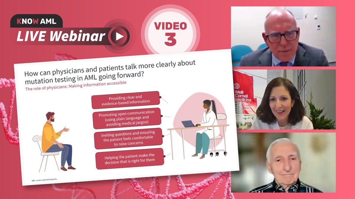 KNOW_AML's tweet image. During the recent @Know_AML HCP and patient webinar, Gail Roboz, physician at @WeillCornell and #KnowAML ambassador, and Ralph Hills, Know AML chair, discussed how physicians and patients with AML can communicate more clearly about mutation testing.
👉 loom.ly/Q_G4cf0