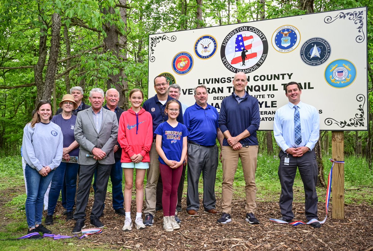 LivingstonCoNY's tweet photo. ICYMI: The #LivCo Veteran Tranquil Trail was officially unveiled during a ribbon cutting ceremony yesterday at Al Lorenz Park in Mt. Morris. Several veterans and their families attended along with former Livingston County Administrator Ian M. Coyle to whom the trail is dedicated. https://t.co/SvGKP5JObE
