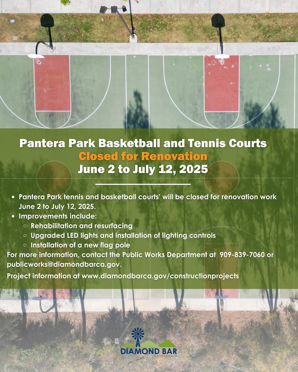 🚧 The Pantera Park tennis and basketball courts will be closed for renovation from Monday, June 2, to Saturday, July 12, 2025. 

Improvements to the courts include: 
- Complete rehabilitation and resurfacing of the basketball and tennis courts.
- LED retrofit of the parking lot